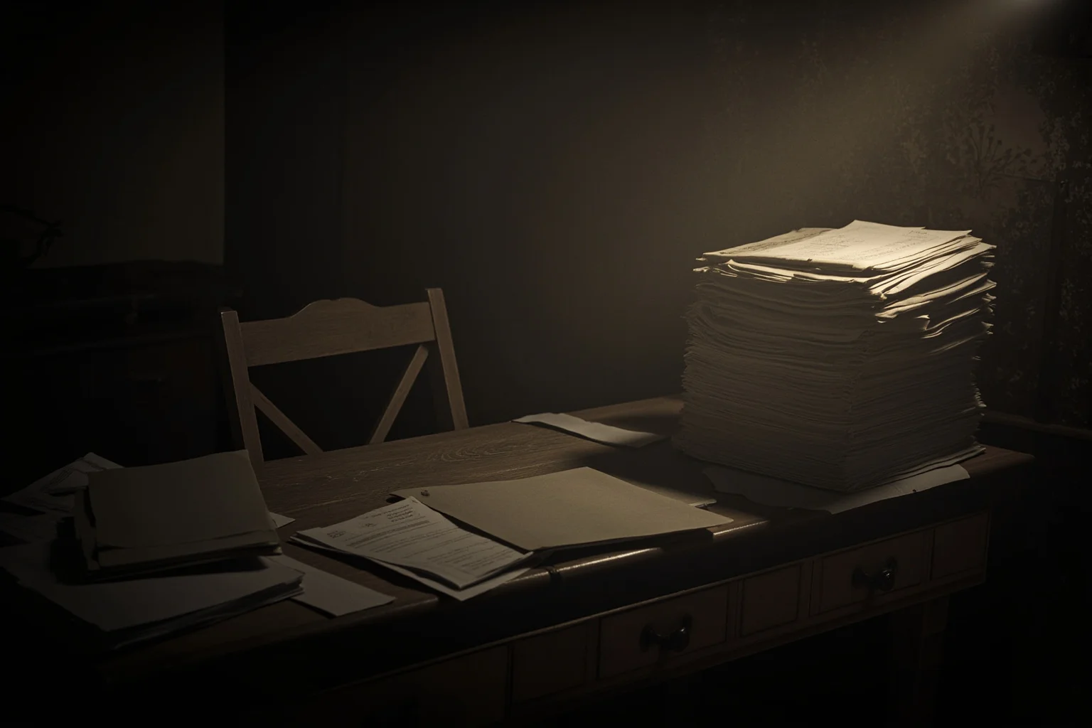 A dimly lit Victorian study with papers stacked high, conveying exhaustion and overwork