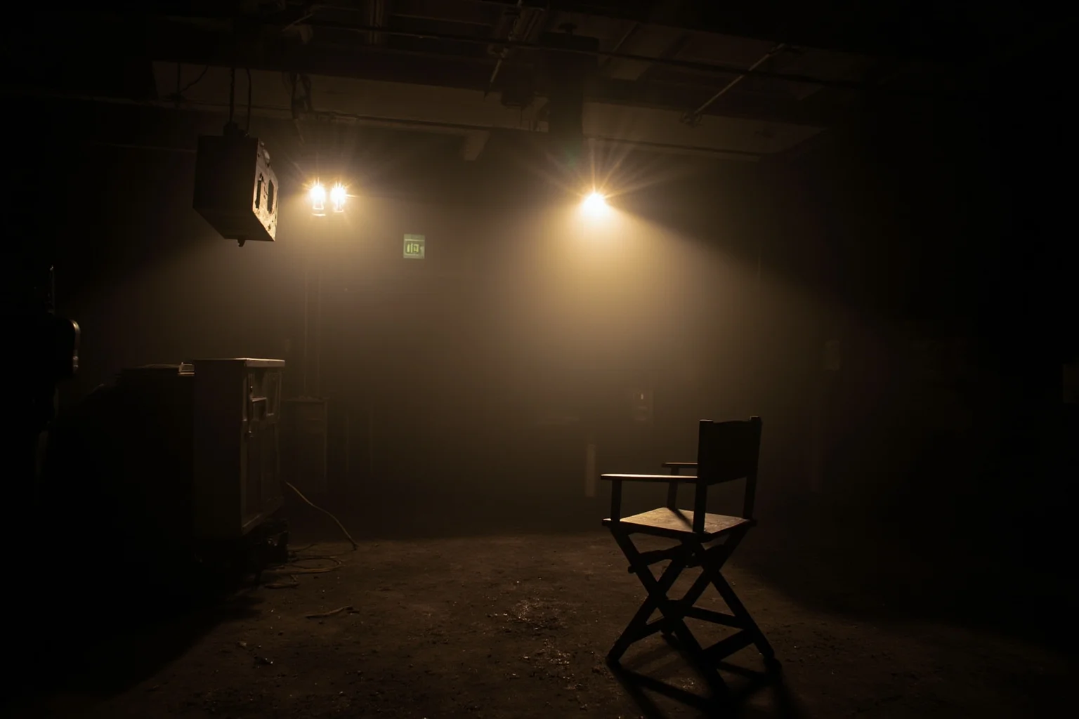 22 Hollywood Stars Whose Lives Ended in Tragedy 4 A dimly lit vintage movie soundstage with an empty director's chair and old studio lights, evoking a bygone golden-age film career
