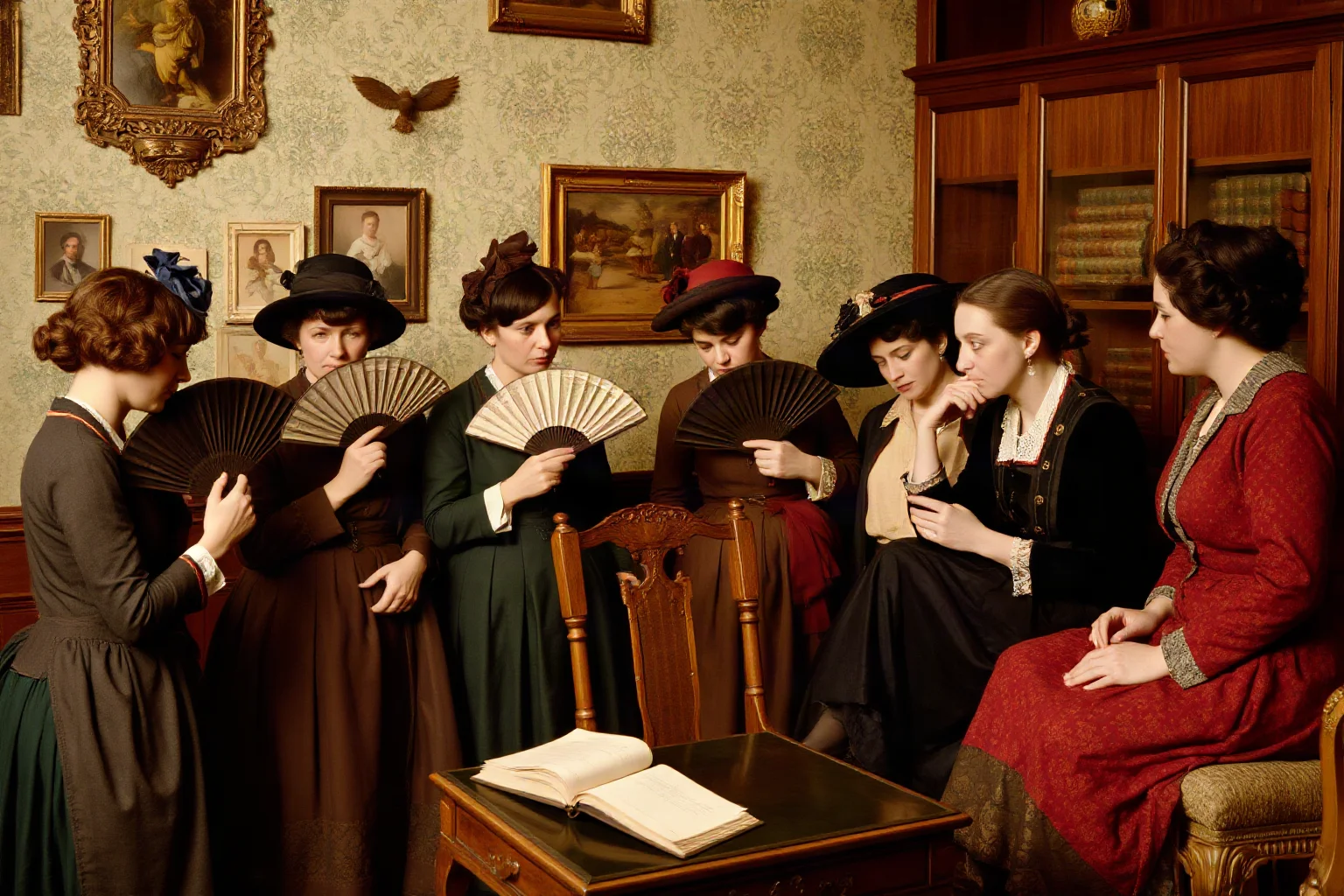 A disapproving group of Victorian women gossiping behind fans in a drawing room