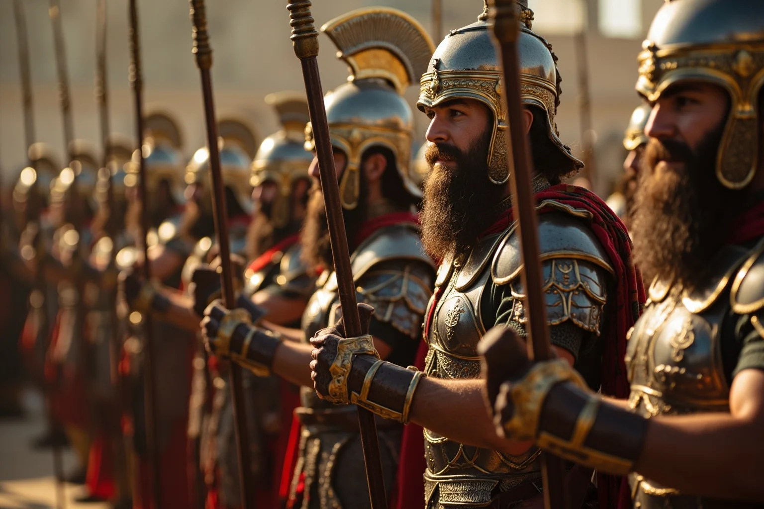 25 Captivating Facts About the Persian Empire 16 A disciplined row of ancient elite spear-carrying soldiers in ornate armor, representing the Persian Immortals