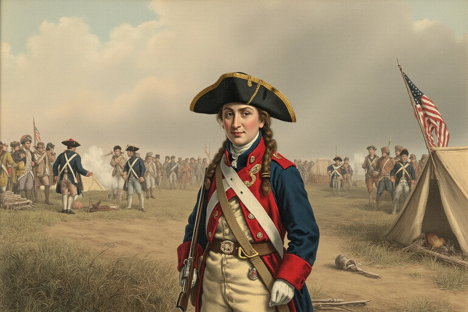 A disguised female soldier in Continental Army uniform standing at a Revolutionary War campsite, historical illustration
