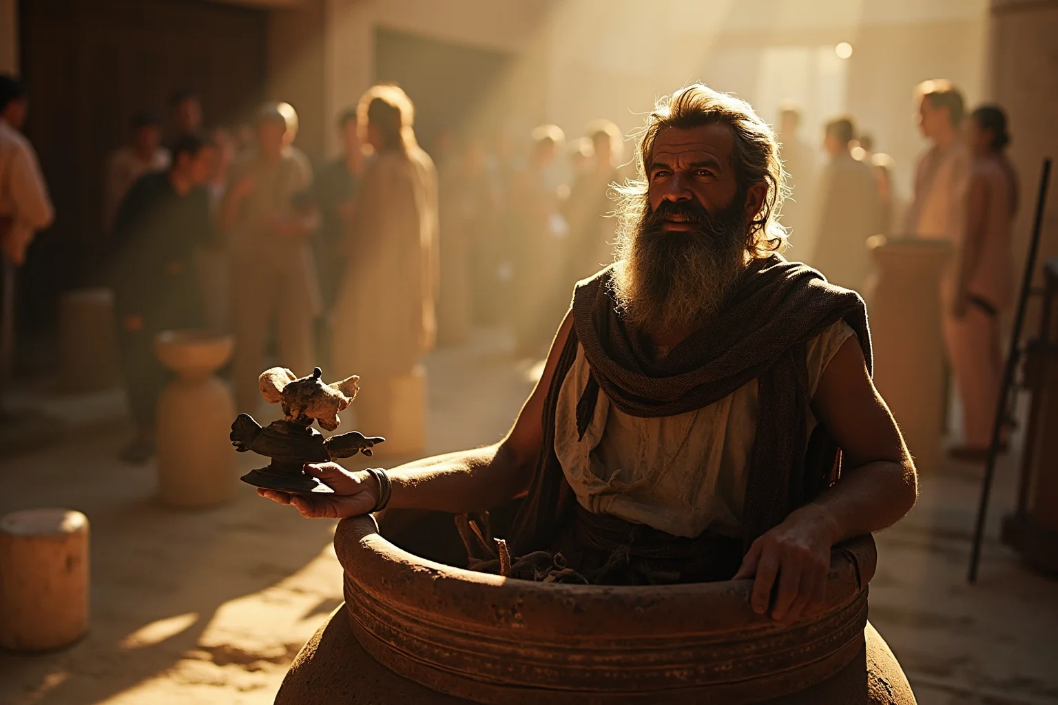 Philosophers Everyone's Heard Of, and 20 Everyone Forgot About 12 A disheveled ancient philosopher sitting inside a large ceramic jar in a sunlit Athenian marketplace, holding a lamp
