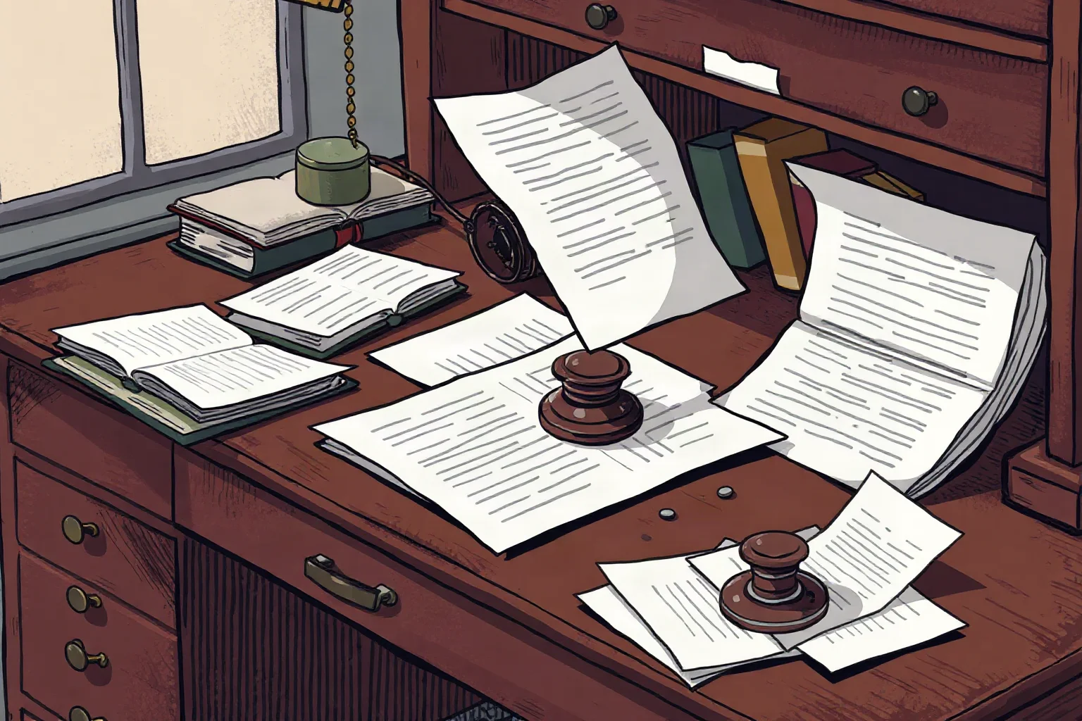 A disheveled writing desk with scattered letters and an overturned inkwell, suggesting distress, illustration style