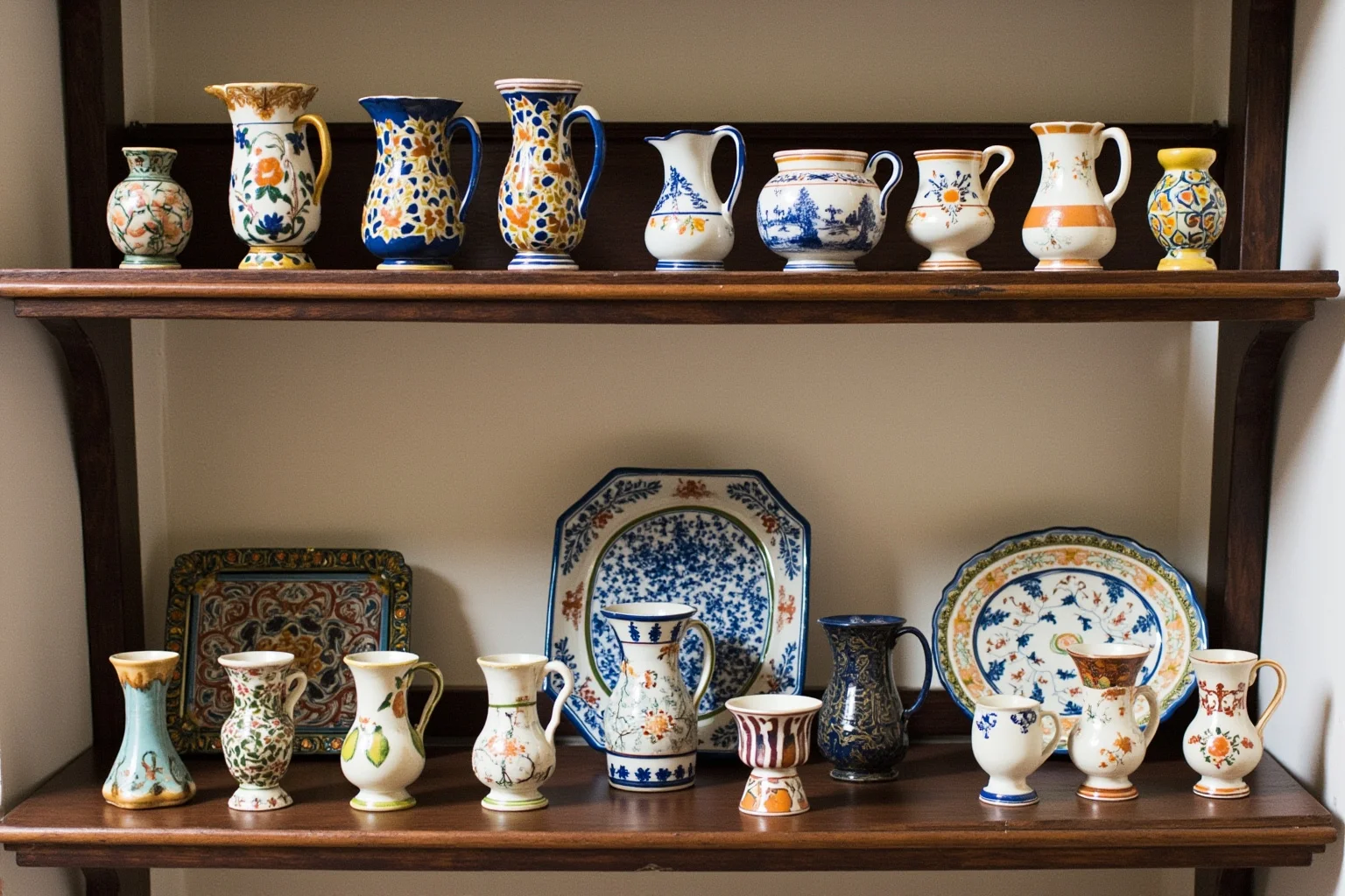 A display shelf of fine decorated pottery in an 18th-century English showroom