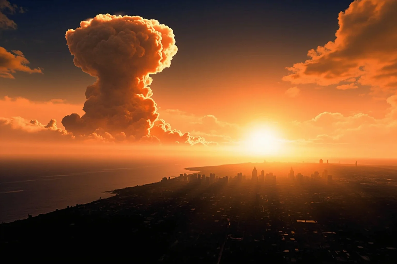 23 Worst Things That Ever Happened in History 14 A distant mushroom cloud illustration over a coastal city skyline at sunset, symbolizing 1945 atomic history