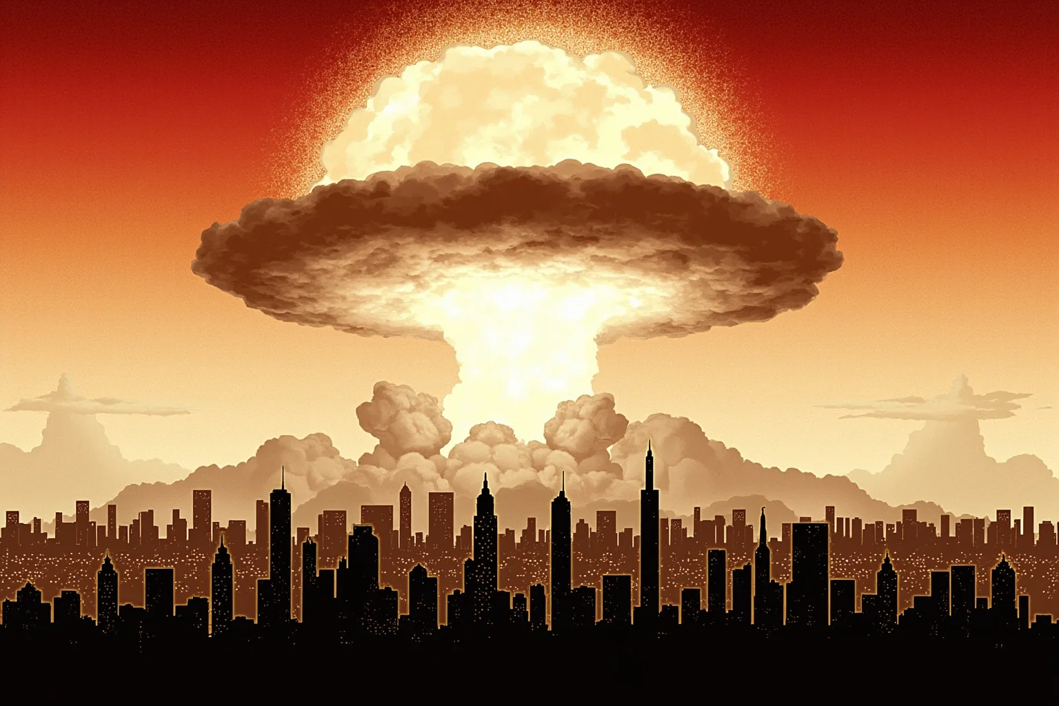 The Worst Events in Human History: 22 of the Darkest Chapters Ever Recorded 11 A distant mushroom cloud illustration over a stylized 1945 city skyline