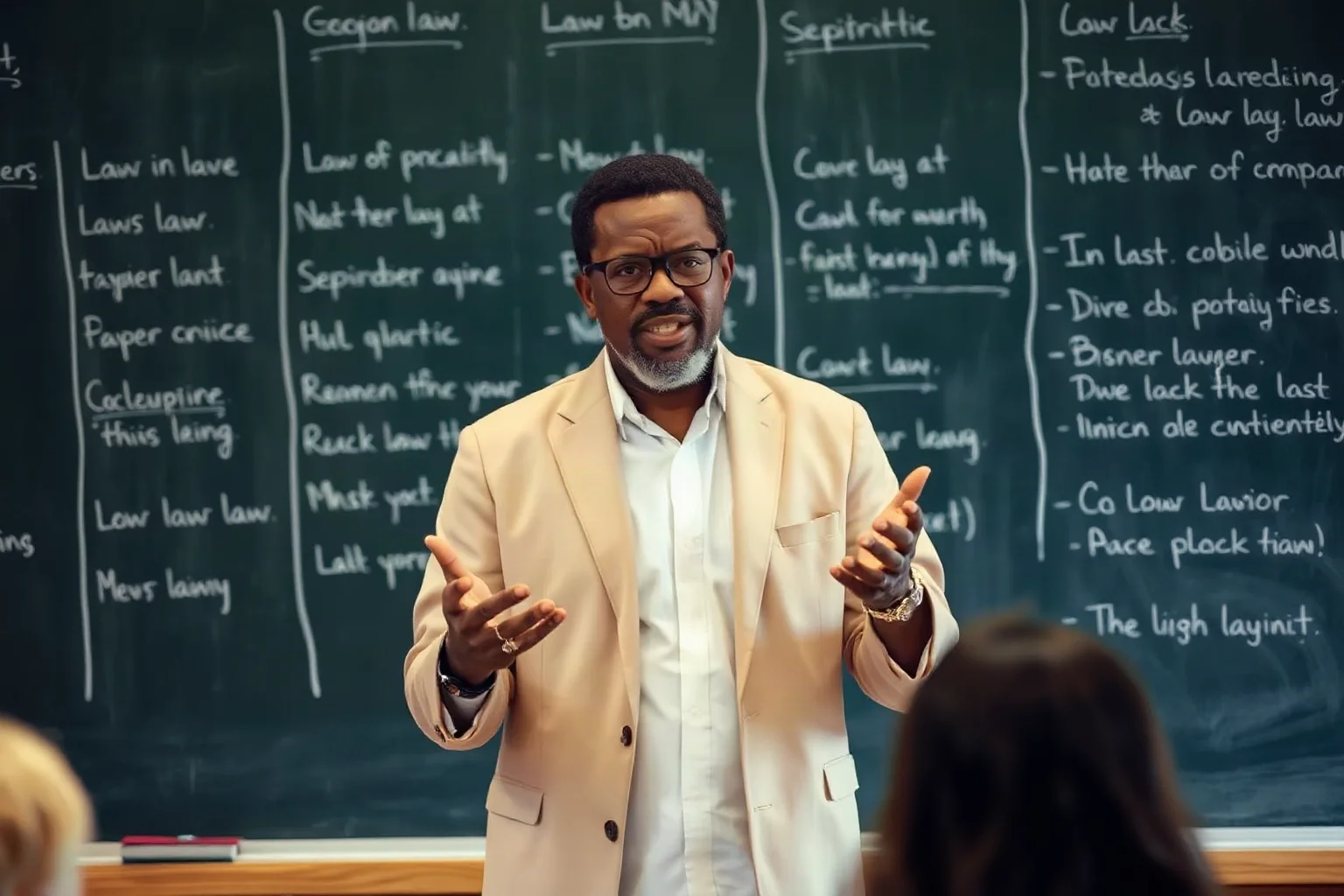 A distinguished Black law professor standing before a chalkboard filled with legal notes, addressing students