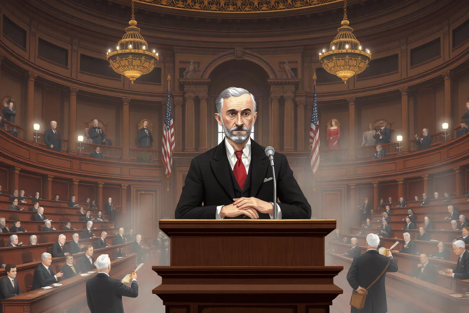 A distinguished early 1900s congressman at a podium in a grand legislative hall, illustrative style