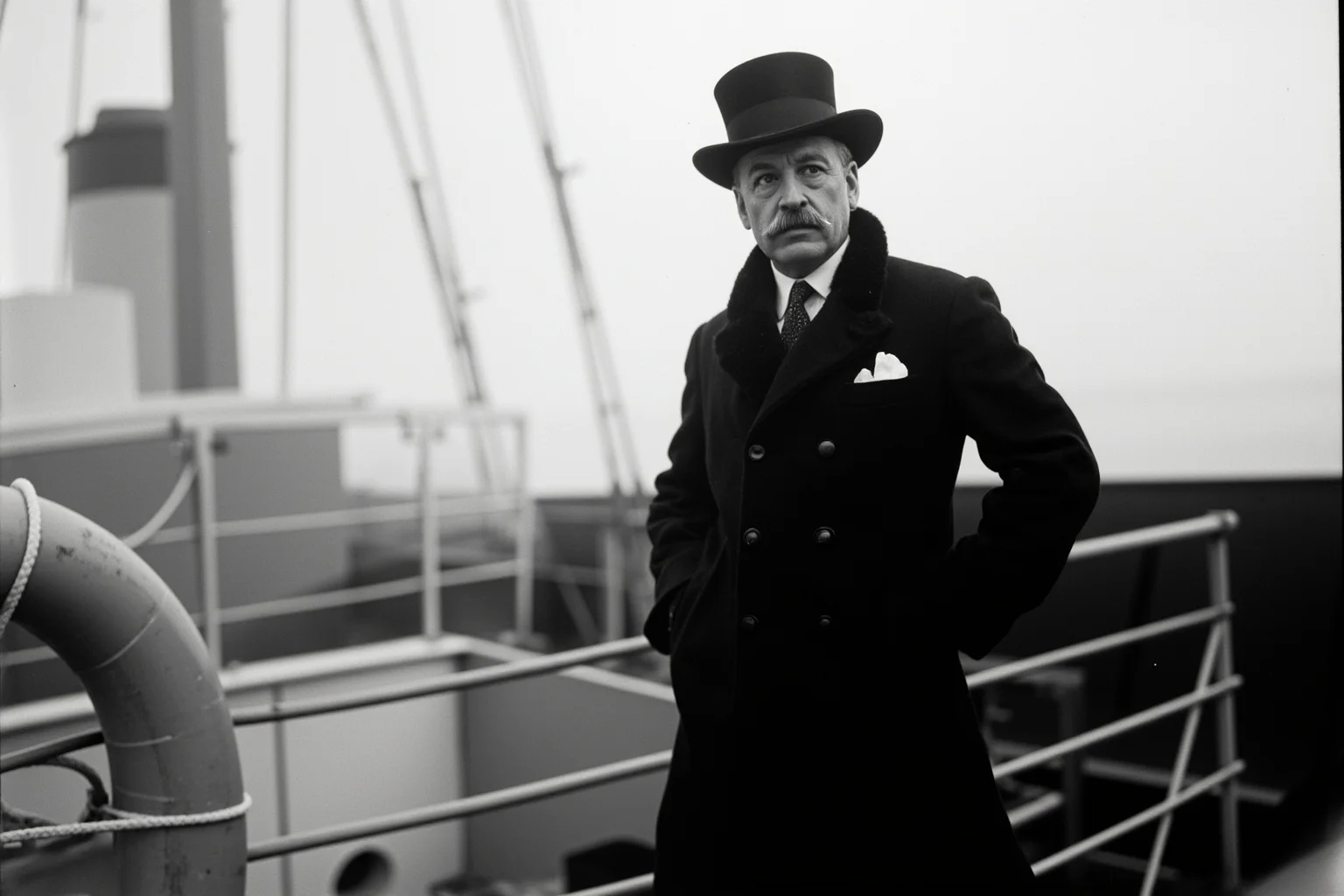 Historical Figures Who Boarded the Titanic — And 10 Who Didn't Survive 3 A distinguished Edwardian shipping executive in a formal coat standing near a lifeboat on an ocean liner deck