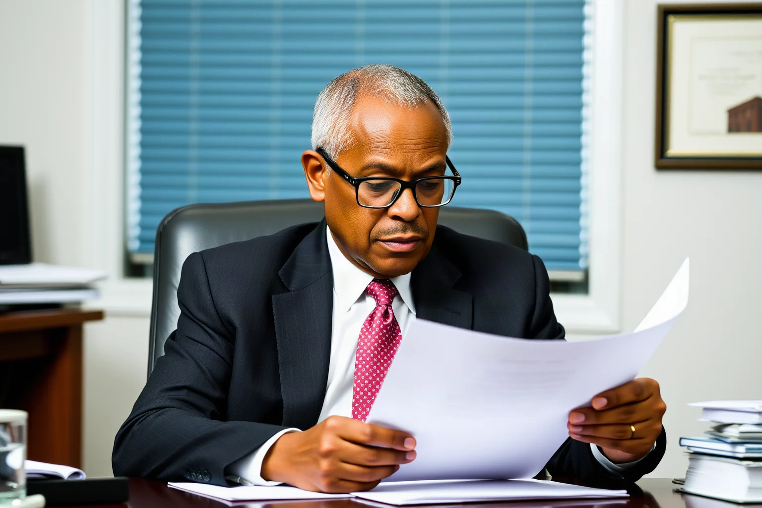 A distinguished older Black man in glasses and a suit seated at a desk reviewing documents
