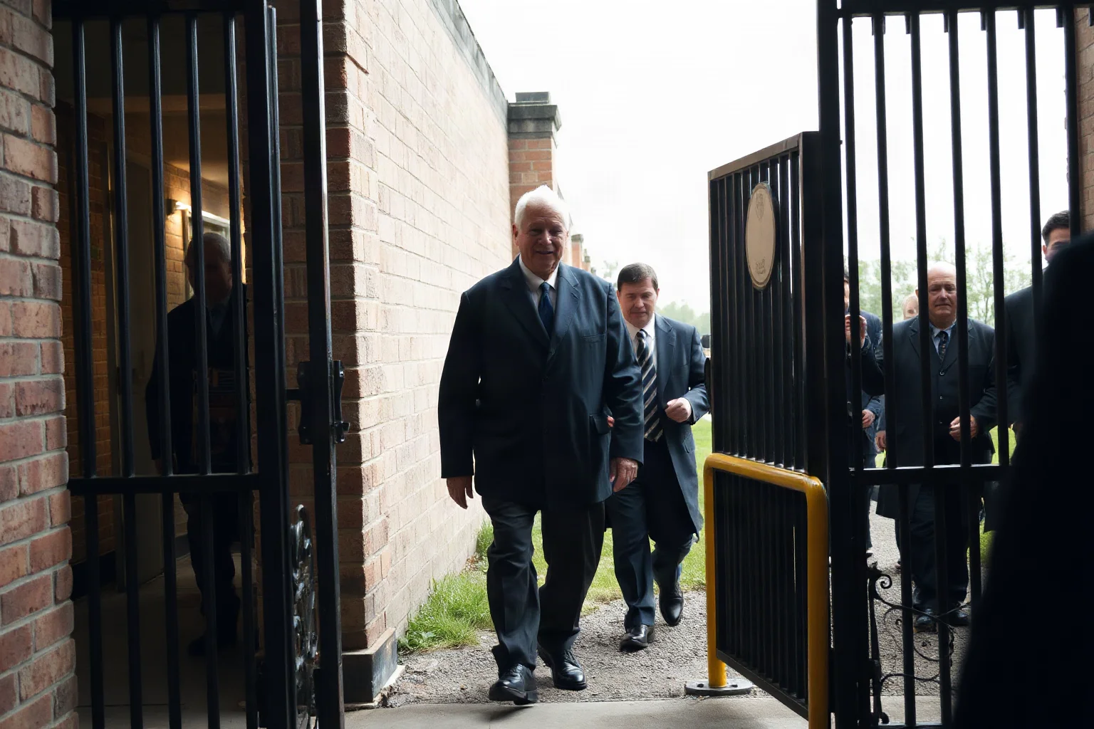 A distinguished older man walking out of prison gates after decades of imprisonment, peaceful and dignified