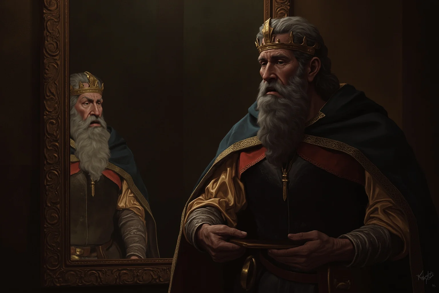 A distressed medieval French king in royal robes staring at his own reflection in a dim palace chamber, illustrative painting style