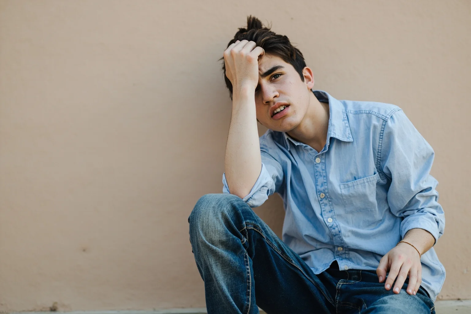 A distressed young man sitting alone against a bare wall, representing a participant in psychological distress