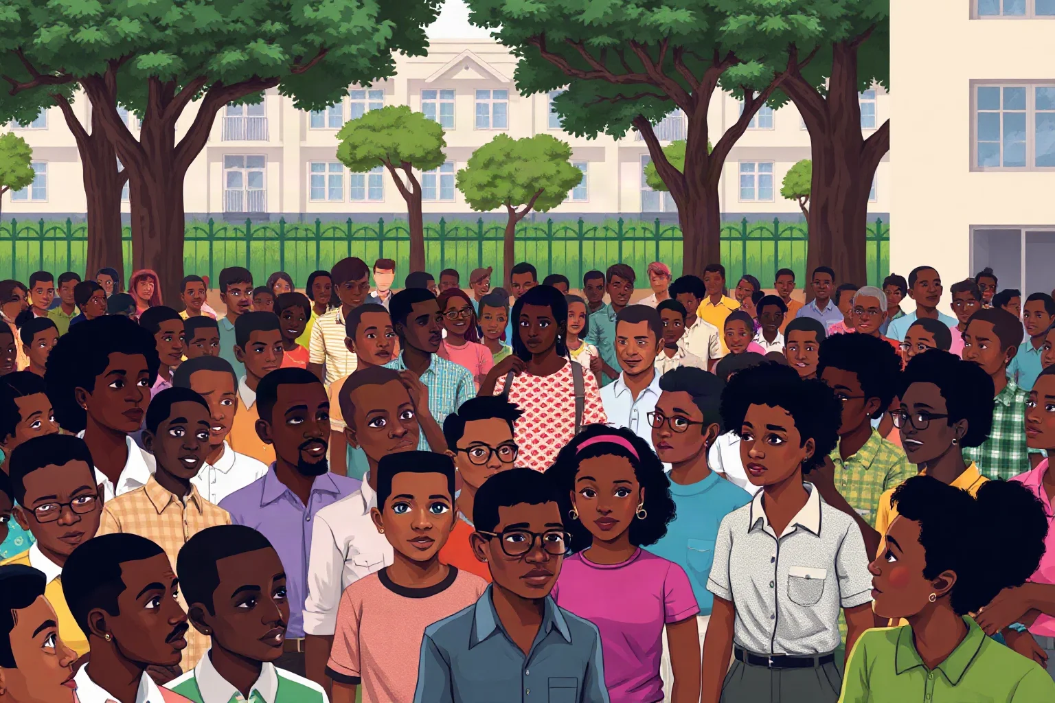 A diverse crowd of illustrated people in a 1960s African schoolyard setting, symbolizing a modern mass hysteria case