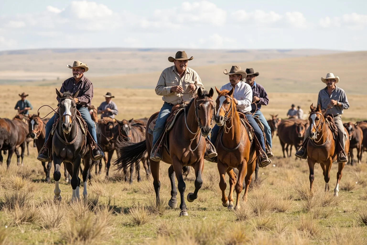 A diverse group of cowboys, including Black and Mexican vaqueros, working together herding cattle on an open plain