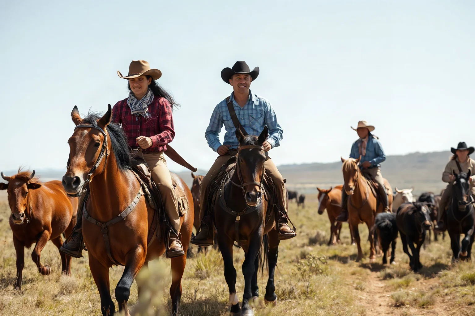 A diverse group of cowboys, including Black and Mexican vaqueros, herding cattle across open grassland