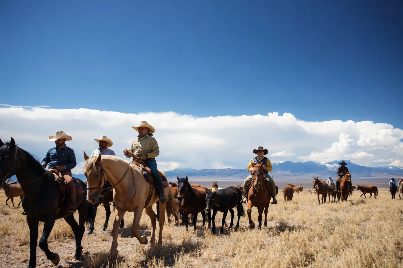 A diverse group of cowboys, including Black and Mexican vaqueros, herding cattle across open plains