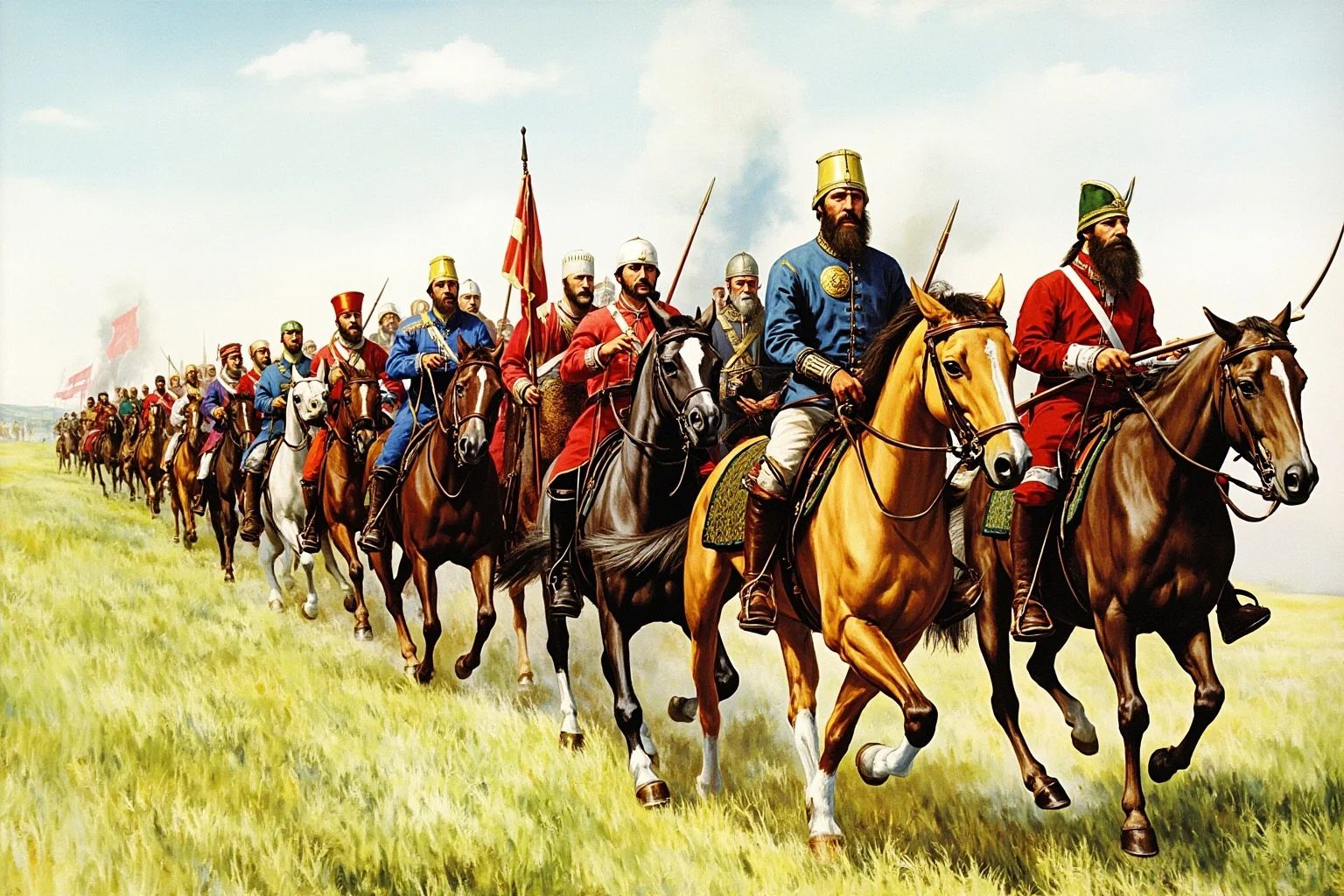 The Mad Baron Who Conquered Mongolia: The Bloody Life of Roman von Ungern-Sternberg 10 A diverse group of horsemen in mixed Cossack, Mongol, and Asian military dress riding together across grassland, illustration