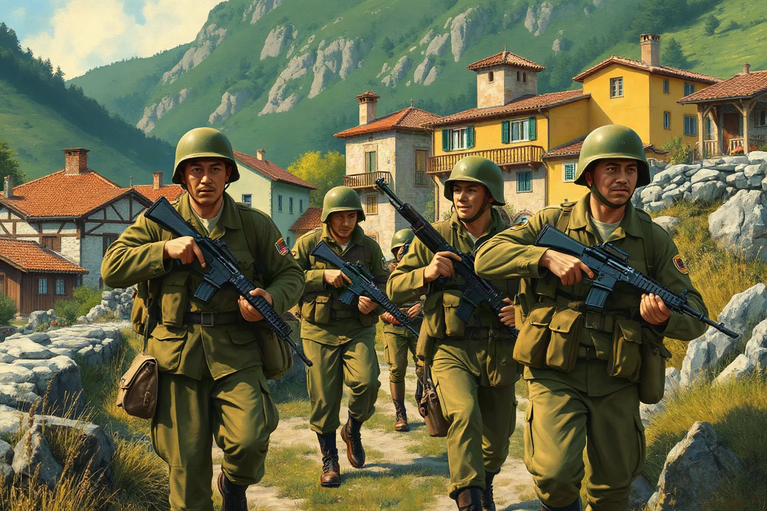 A diverse group of Japanese American WWII infantry soldiers marching through an Italian mountain village, illustrative historical painting style