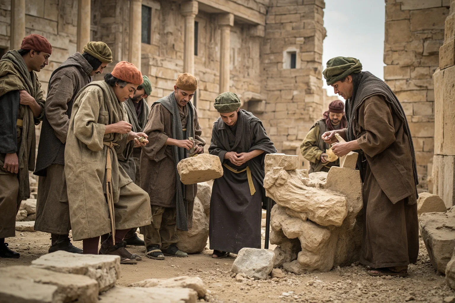 A diverse group of robed artisans from different regions carving stone together at a grand construction site, historical style