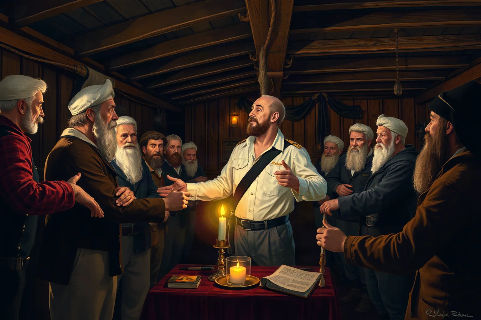 A diverse group of rough sailors voting by show of hands in a ship's quarters, with a newly elected captain standing among them, candlelit wooden interior