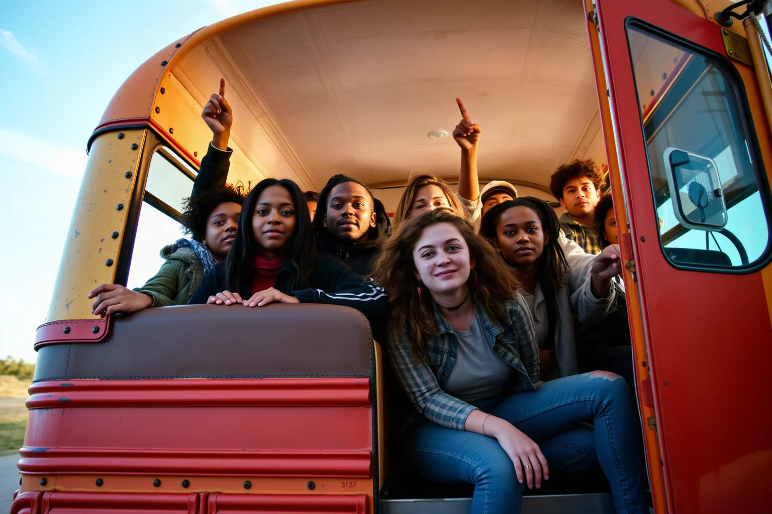 A diverse group of young activists boarding a vintage interstate bus with determined expressions
