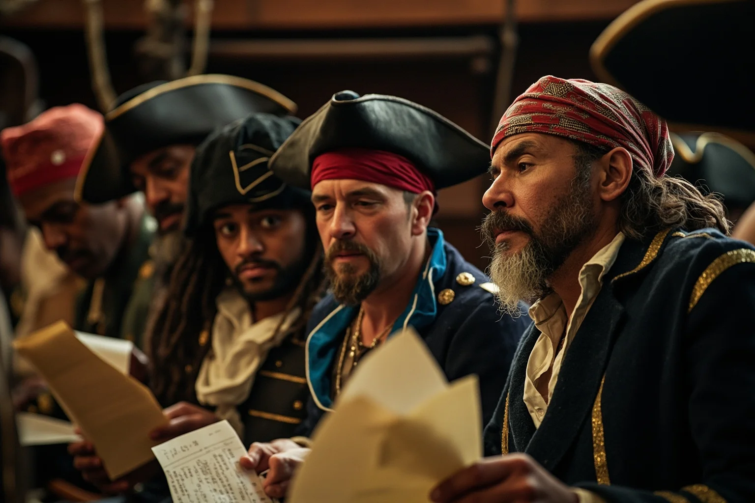 A diverse pirate crew gathered in a ship's hold including sailors of African, Caribbean, and European descent, reviewing ship's articles together