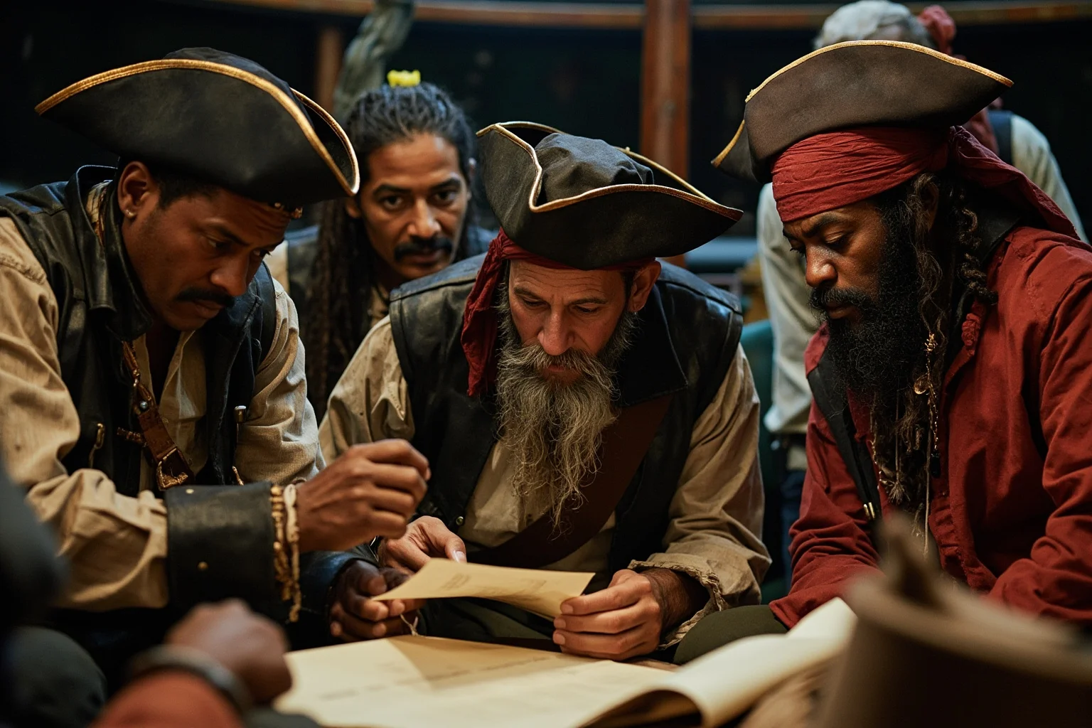 A diverse pirate crew gathered in a ship's hold, including sailors of African, Caribbean, and European descent, reviewing ship's articles together