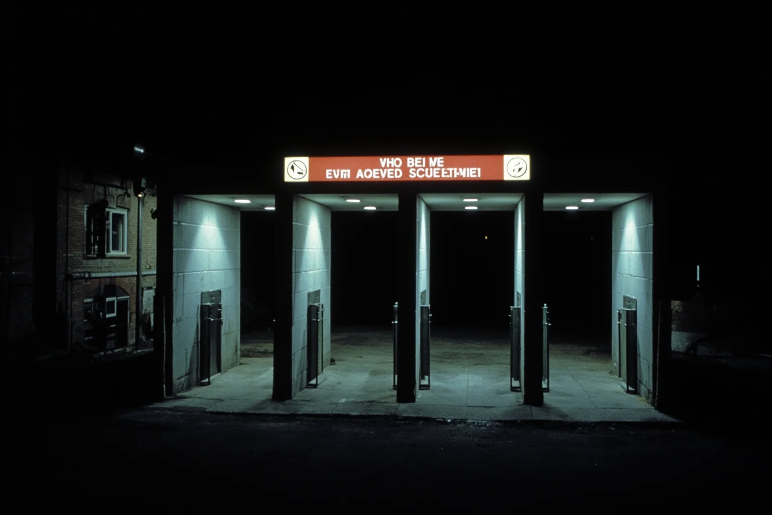 A divided 1960s Berlin checkpoint at night, stark contrast of lit Western side and dark Eastern side, Cold War atmosphere
