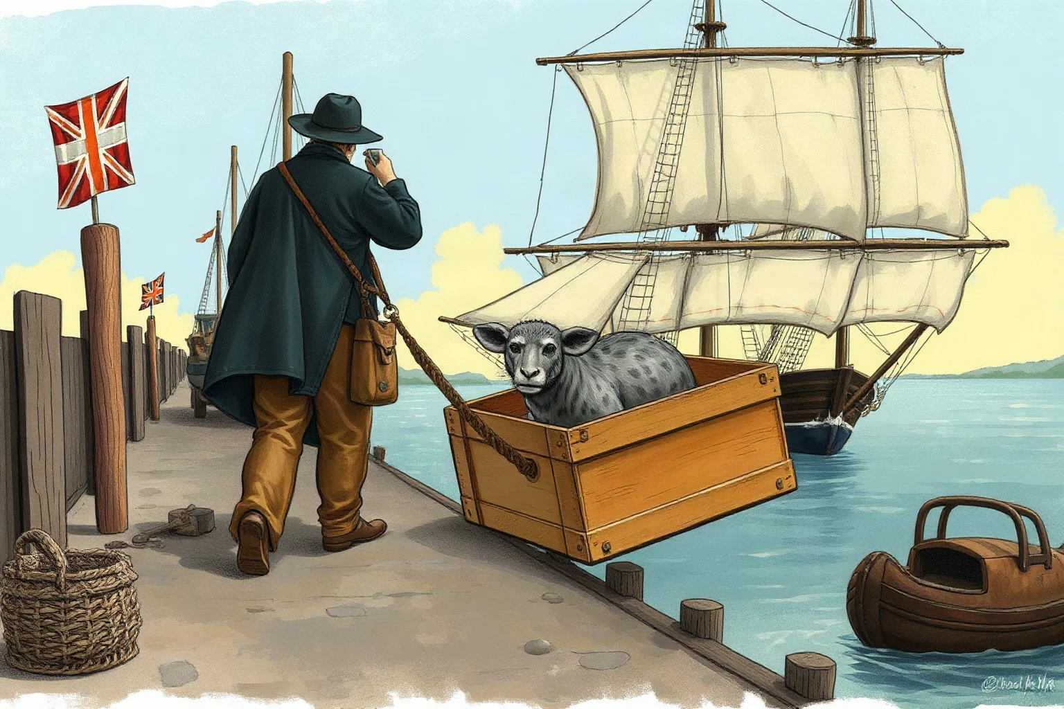 A dockside scene with an exotic animal in a wooden crate being unloaded from a sailing ship, historical port illustration