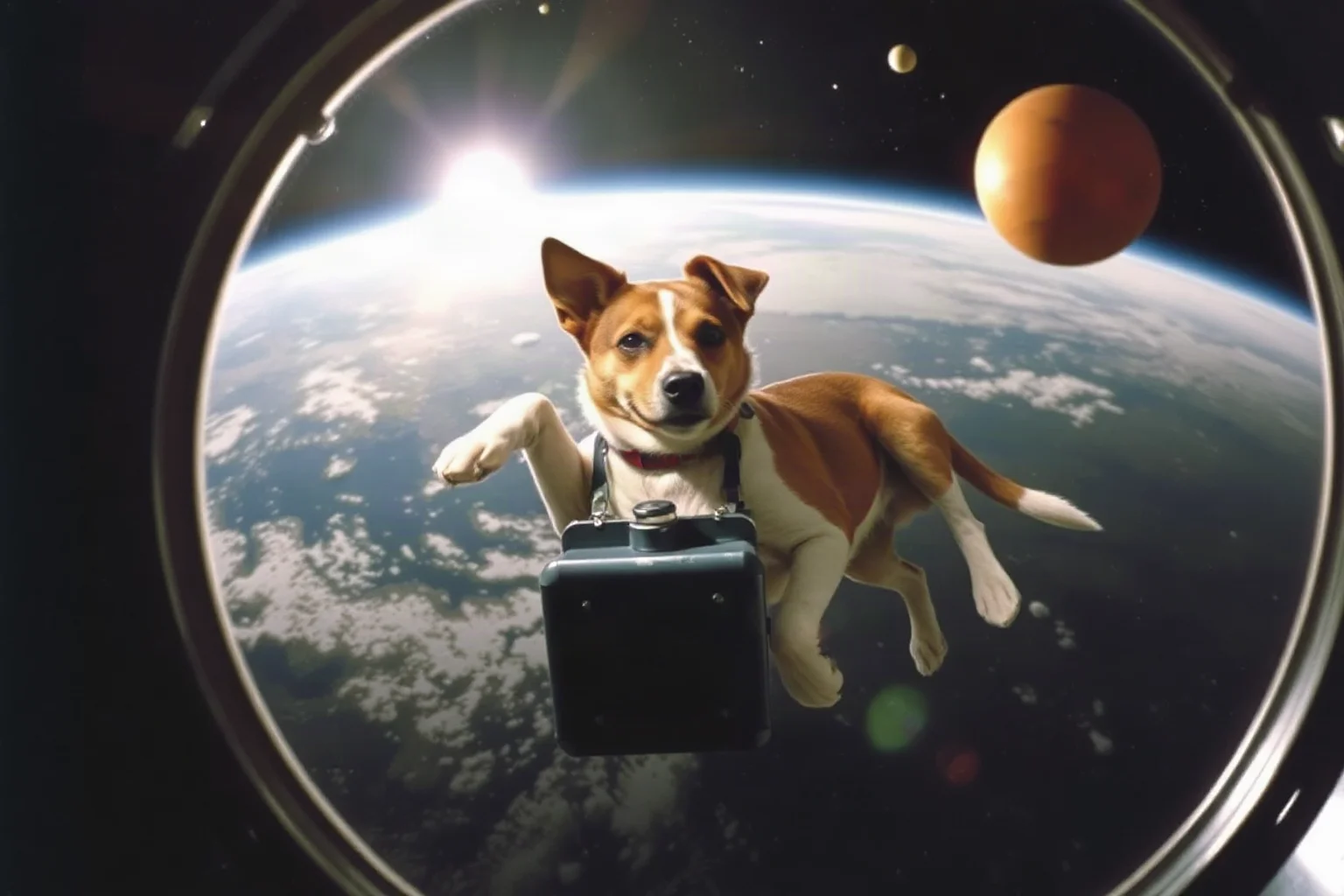 A dog in an early Soviet space capsule orbiting Earth with Sputnik 2, 1957