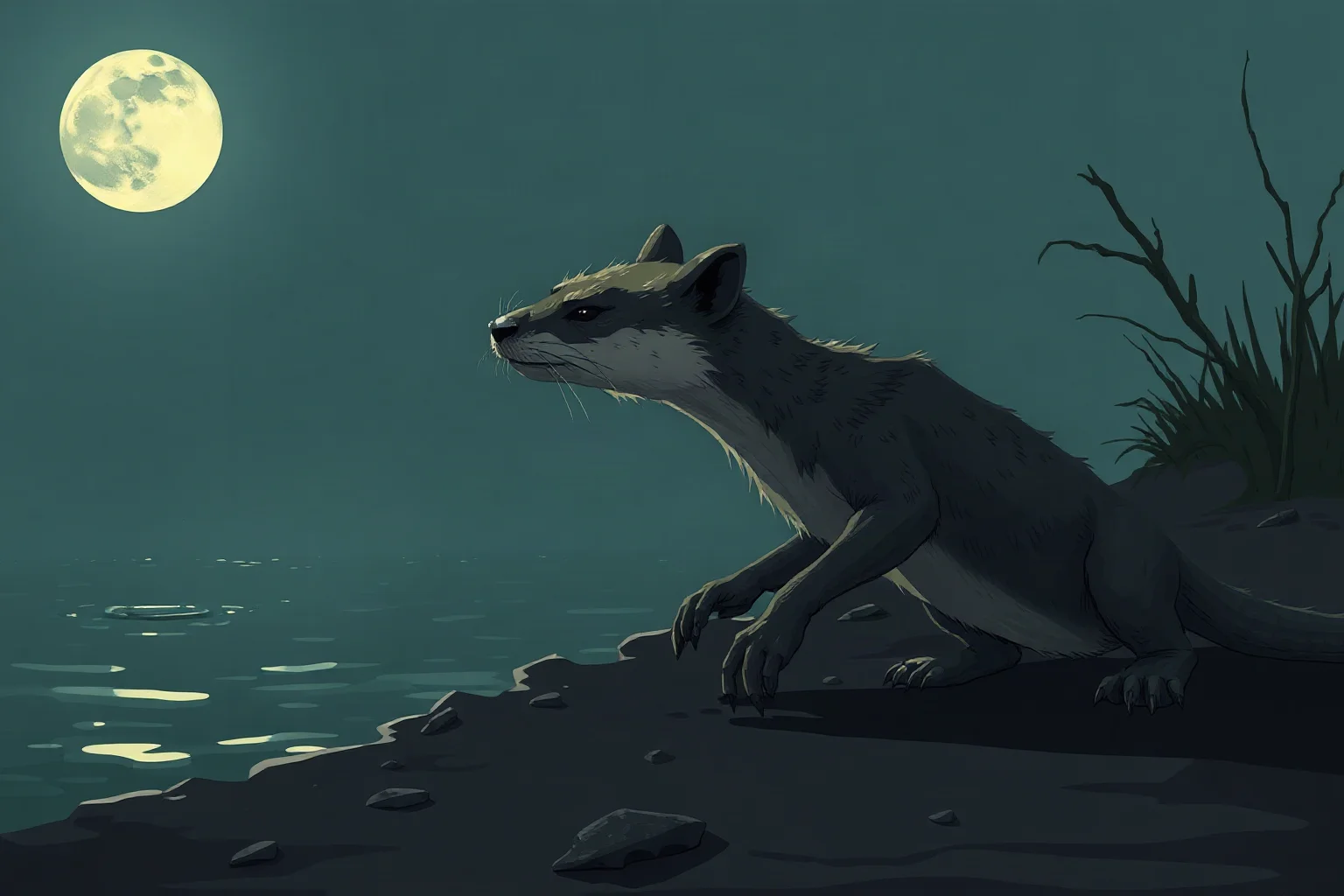 A dog-otter hybrid creature with a small hand at the tip of its tail lurking at the edge of a moonlit lake