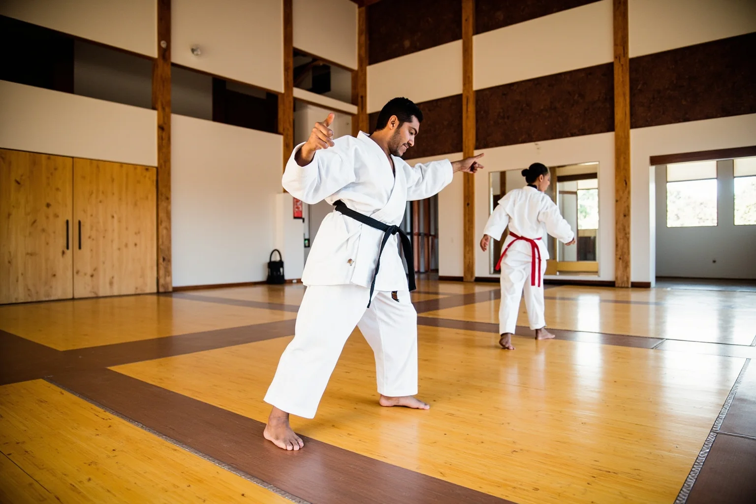 A dojo-style karate training space with wooden floors and traditional mats, martial arts aesthetic
