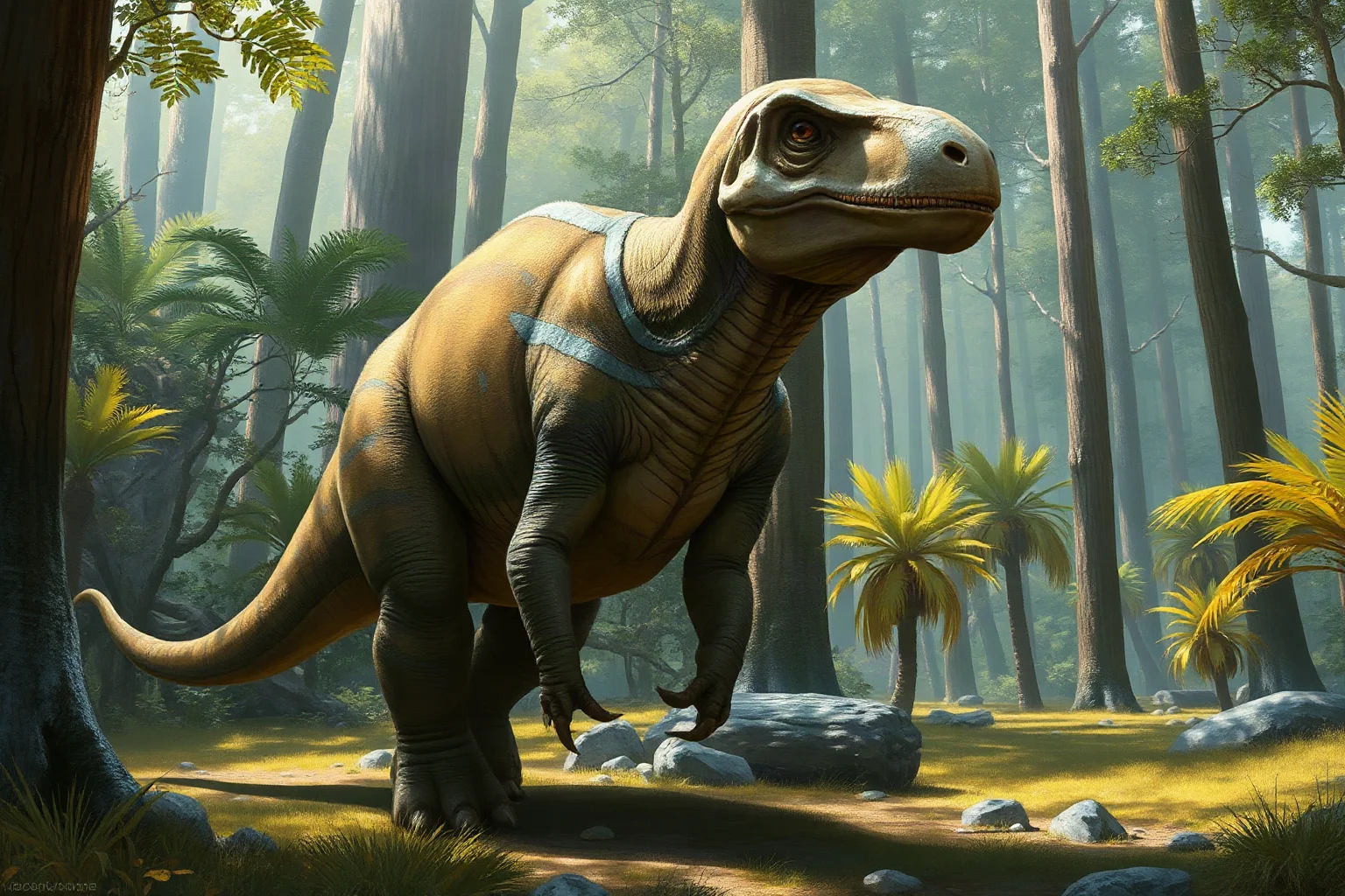 A domed-skull Pachycephalosaurus standing alert in a forest clearing, realistic paleoart style