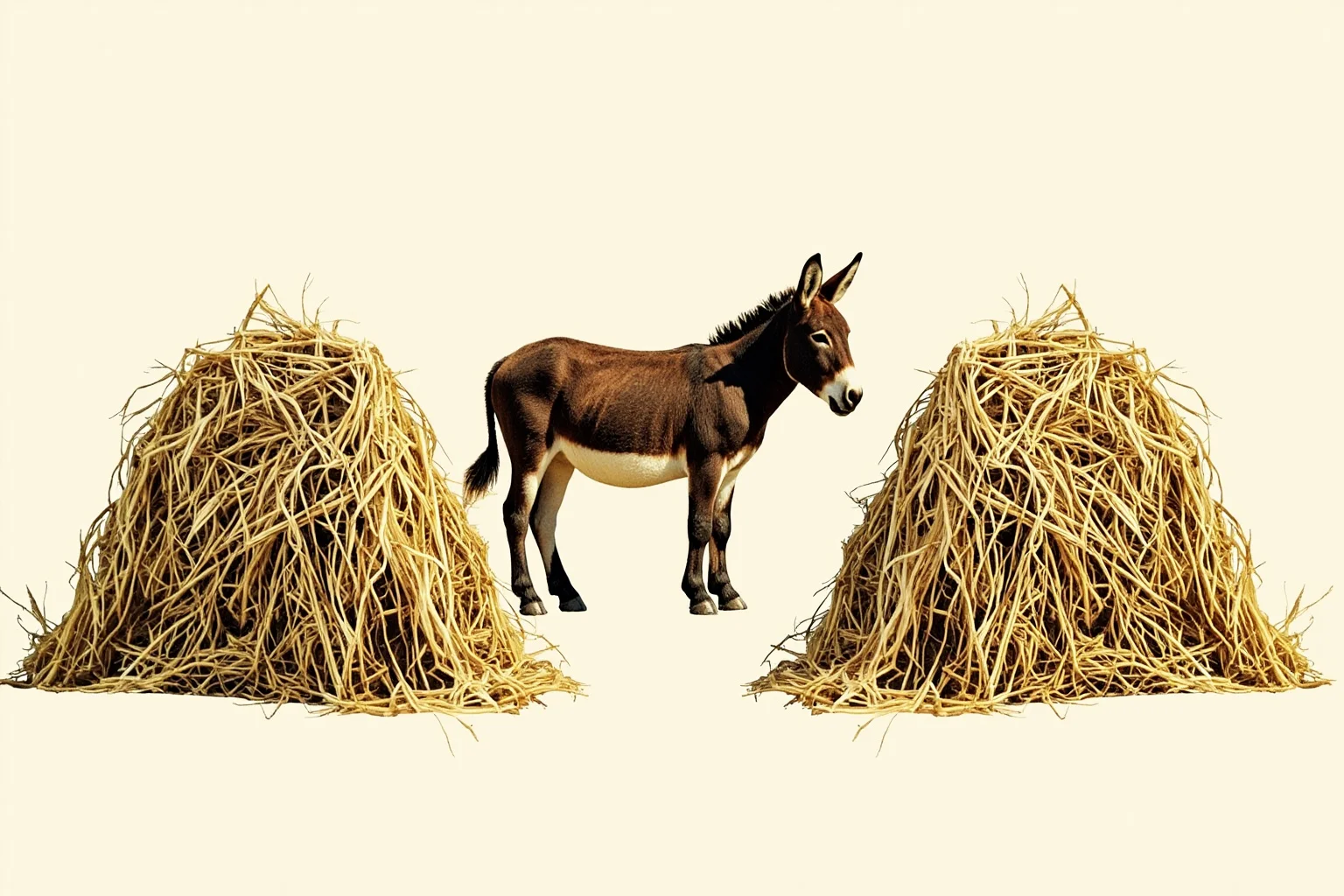 A donkey standing exactly between two identical haystacks, symmetrical composition, illustrative style