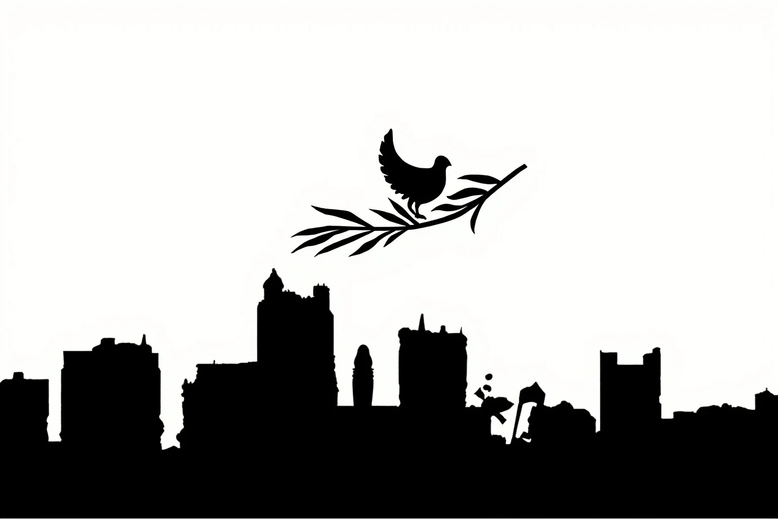 Words of Wisdom: 20 of Albert Einstein's Greatest Quotes 10 A dove sitting on an olive branch above a war-torn cityscape silhouette, symbolizing peace