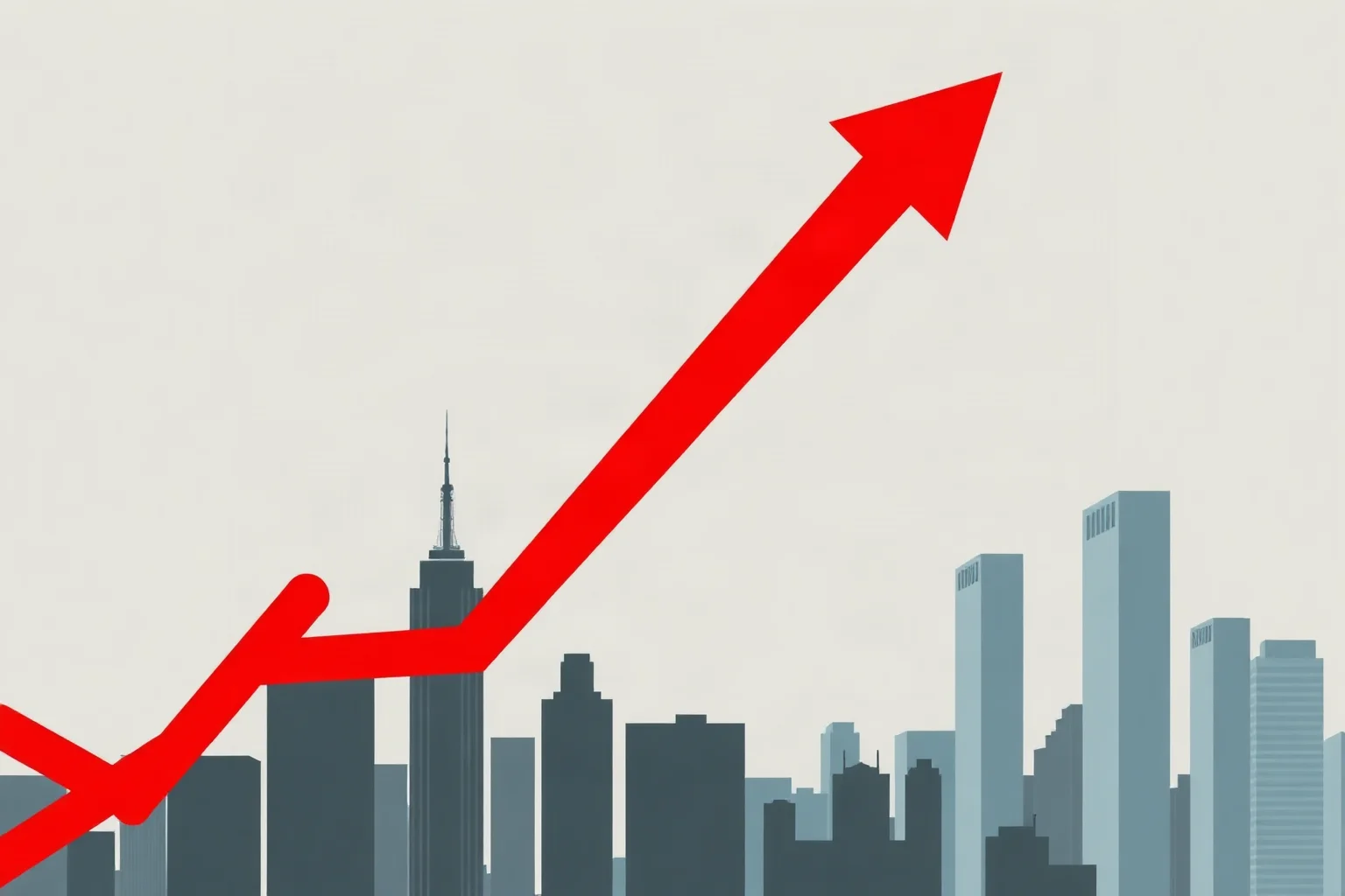 A downward red arrow graphic over a muted illustration of a city financial district skyline, symbolic economic crisis illustration.