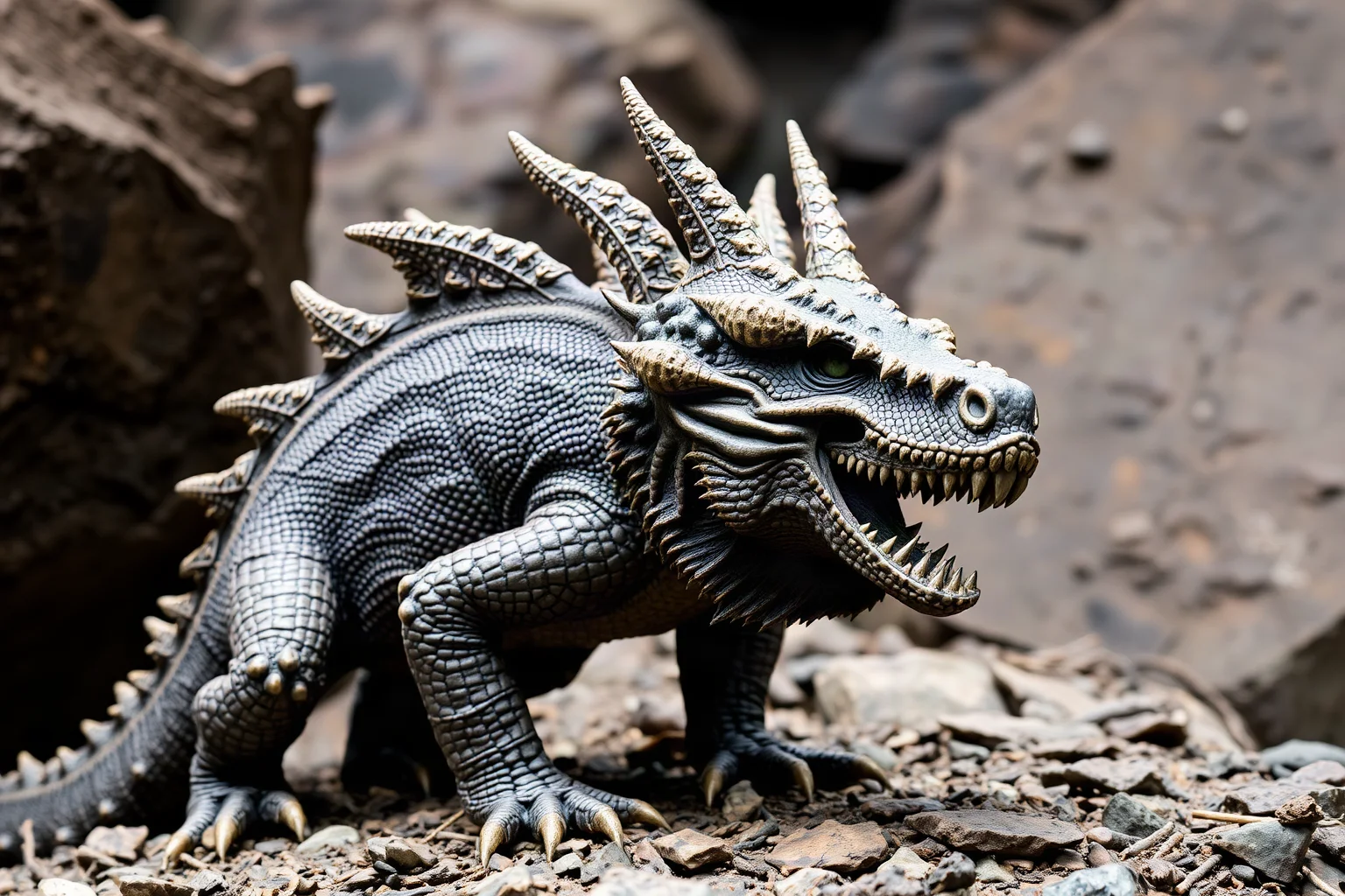 A Dracorex hogwartsia with a flat spiky dragon-like skull standing on rocky terrain