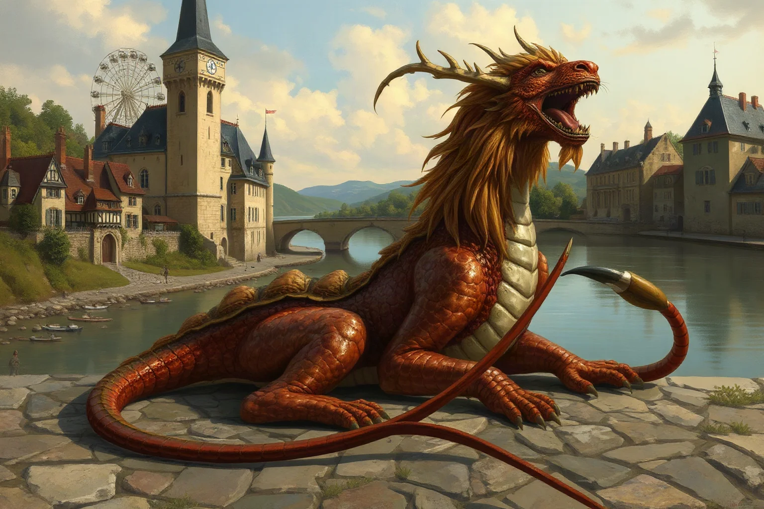 A dragon with a lion head, turtle shell, and scorpion tail resting near a medieval French riverside town