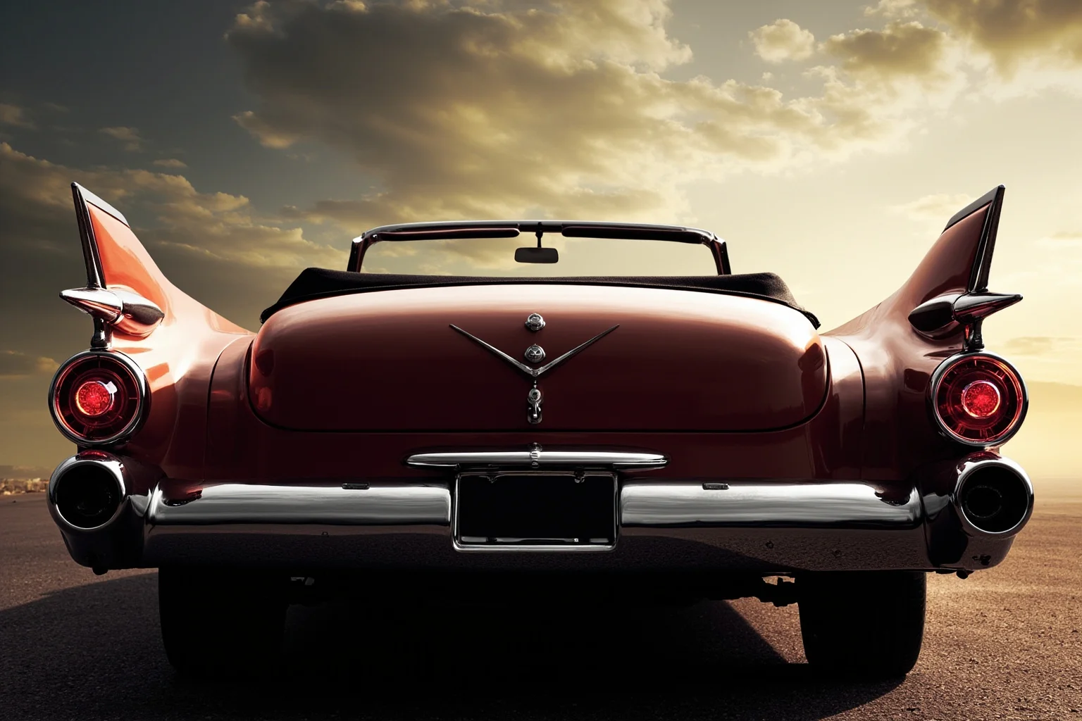 A dramatic 1950s luxury convertible with towering tailfins and dual rocket-shaped taillights