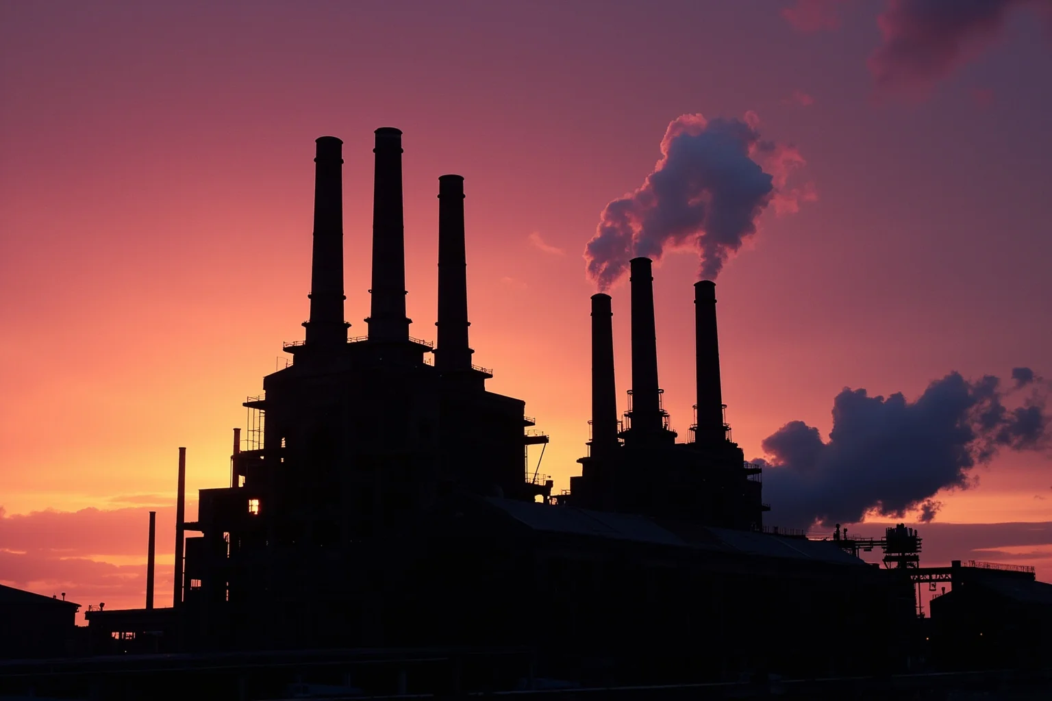 A dramatic 19th-century steel factory exterior with tall smokestacks against a sunset sky