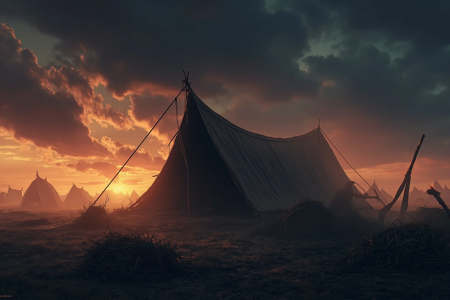 A dramatic ancient battlefield tent at dusk suggesting a fifth-century nomadic warlord's camp, historical illustration style