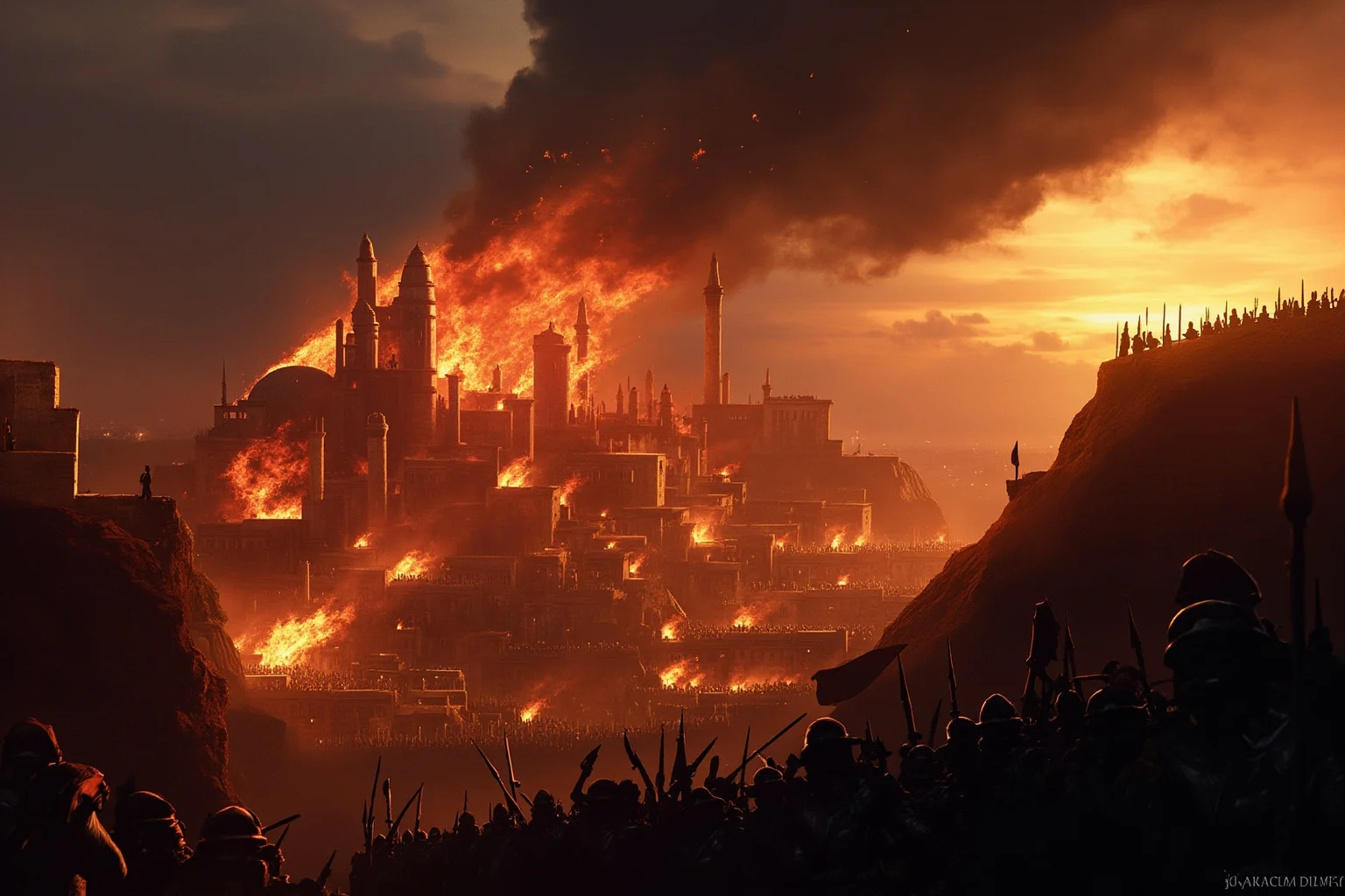 25 Captivating Facts About the Persian Empire 20 A dramatic ancient city in flames at dusk, with a conquering army's silhouettes on a nearby hill