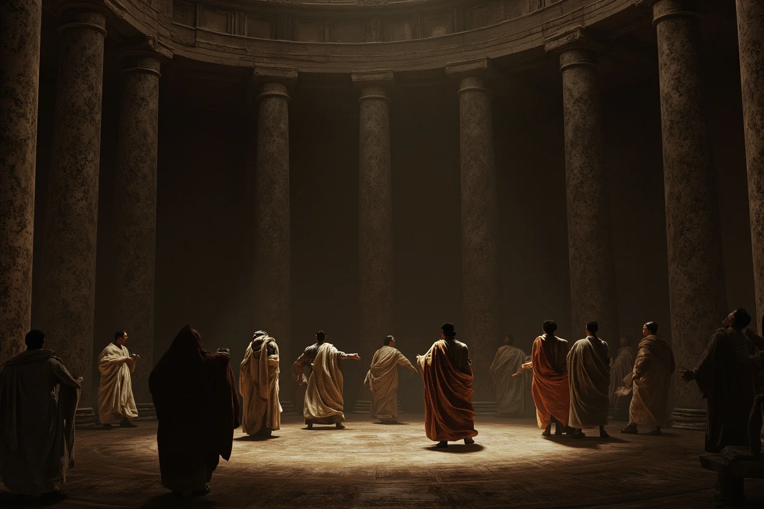 20 Famous Historical Quotes That Were Taken Out of Context 16 A dramatic ancient Roman senate hall with marble columns and shadowy toga-clad figures, tense historical painting style
