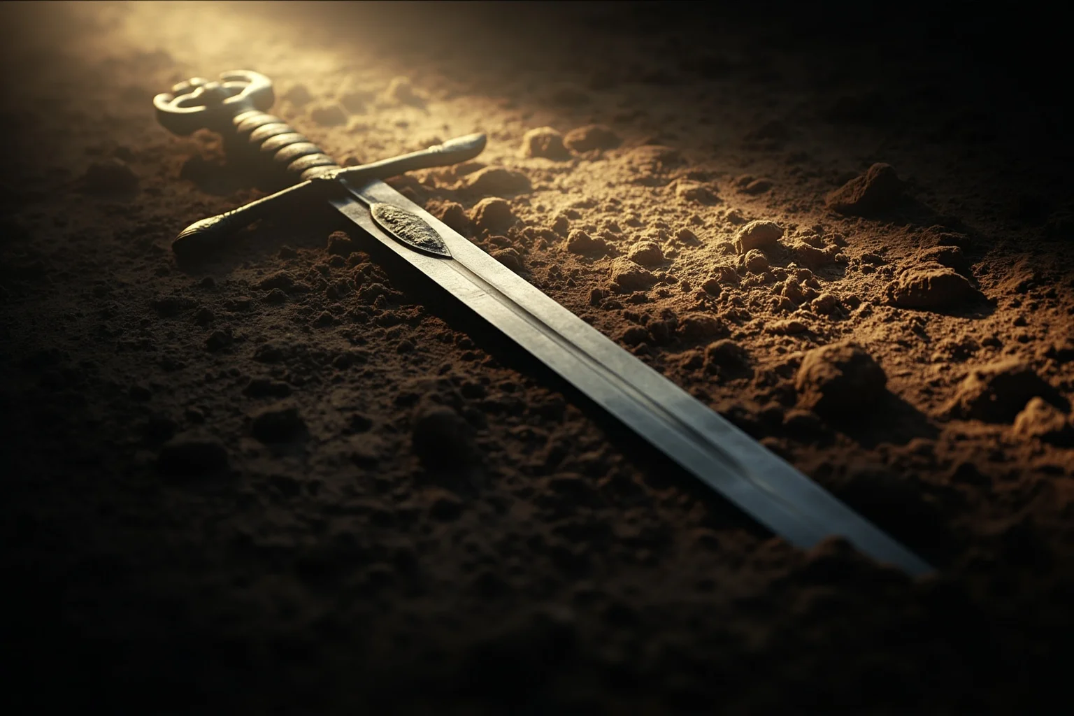 A dramatic ancient sword partially buried in earth, illuminated by a shaft of light, legendary atmosphere