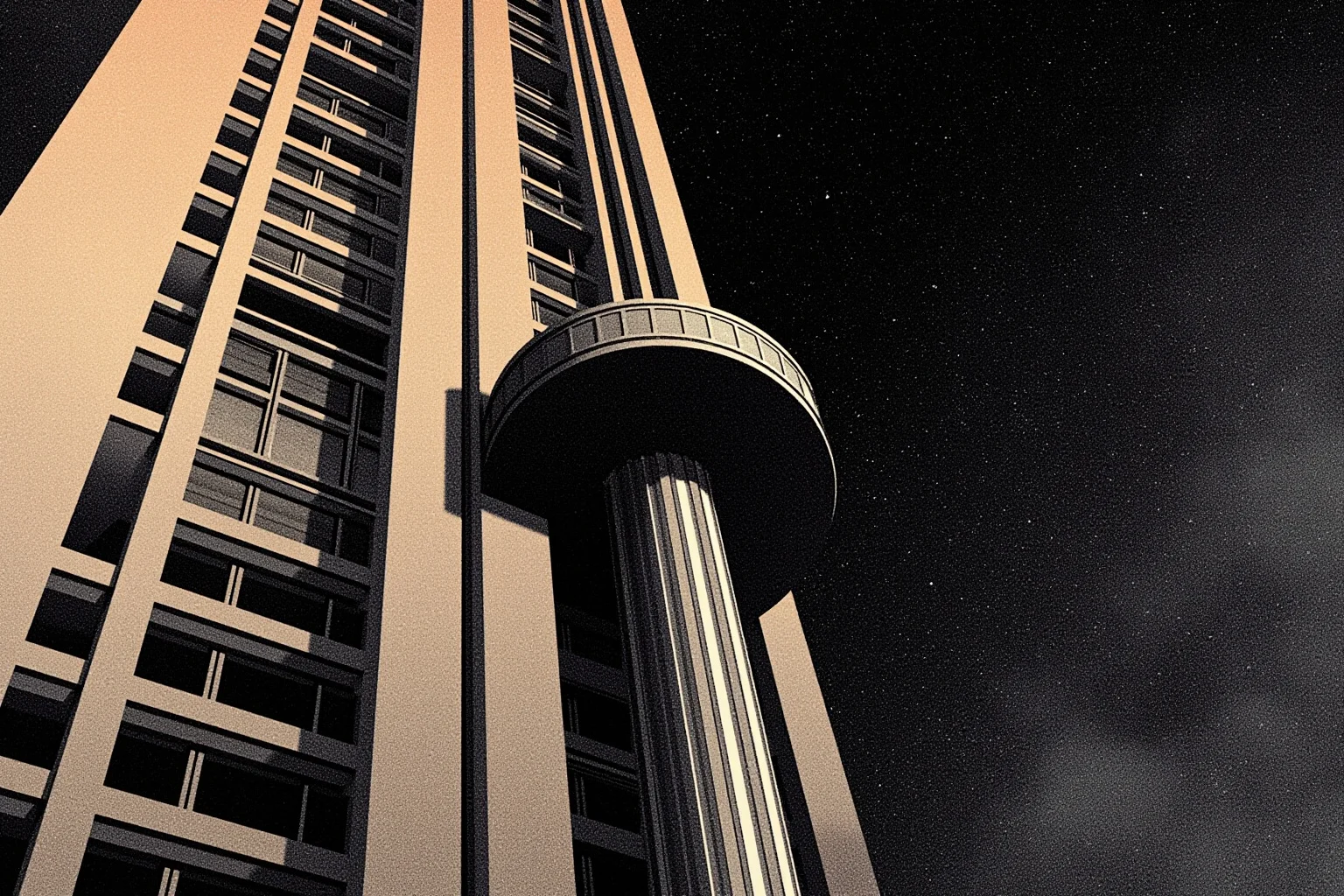 A dramatic Art Deco skyscraper exterior with a vintage elevator shaft illustration, 1940s style