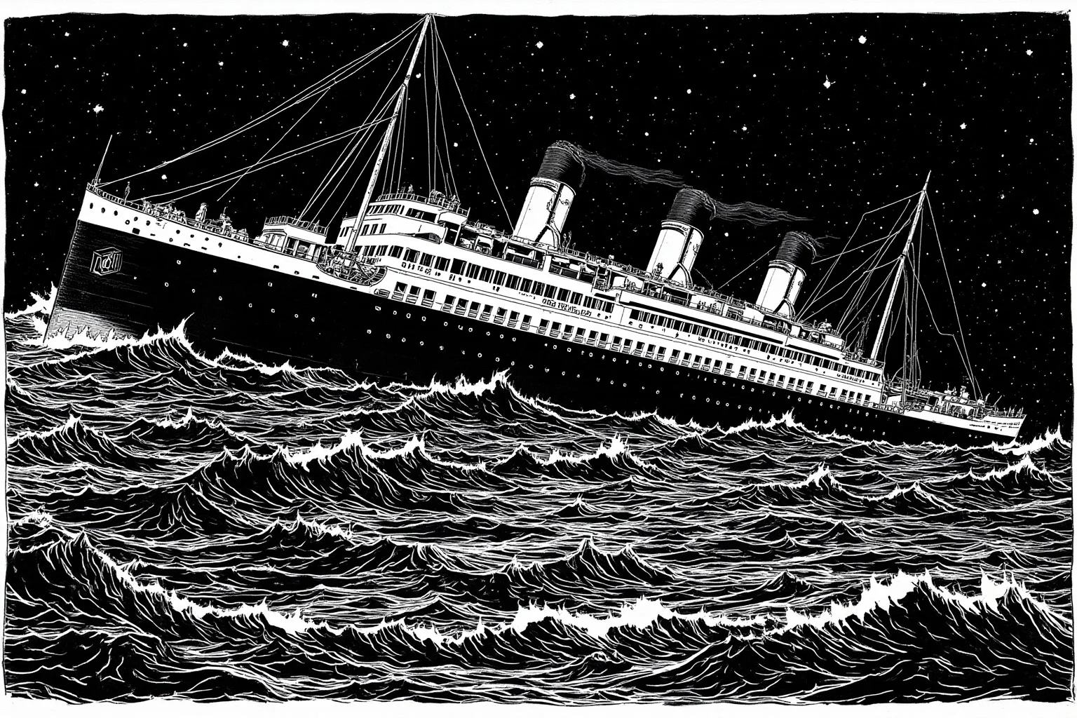 The Woman Who Survived Three Shipwrecks: The Real Story of Violet Jessop 2 A dramatic black-and-white style illustration of a massive early 1900s ocean liner listing at sea under a night sky, evoking a shipwreck disaster scene
