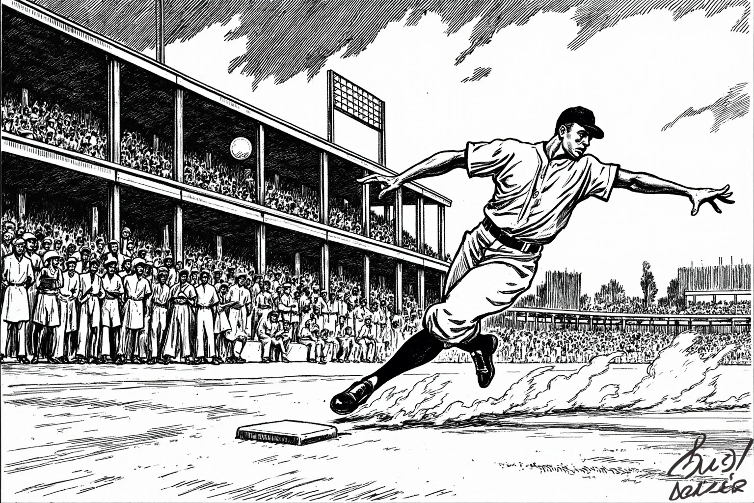 A dramatic black-and-white style illustration of a baseball player rounding the bases as a stunned outfield crowd watches, mid-20th-century aesthetic