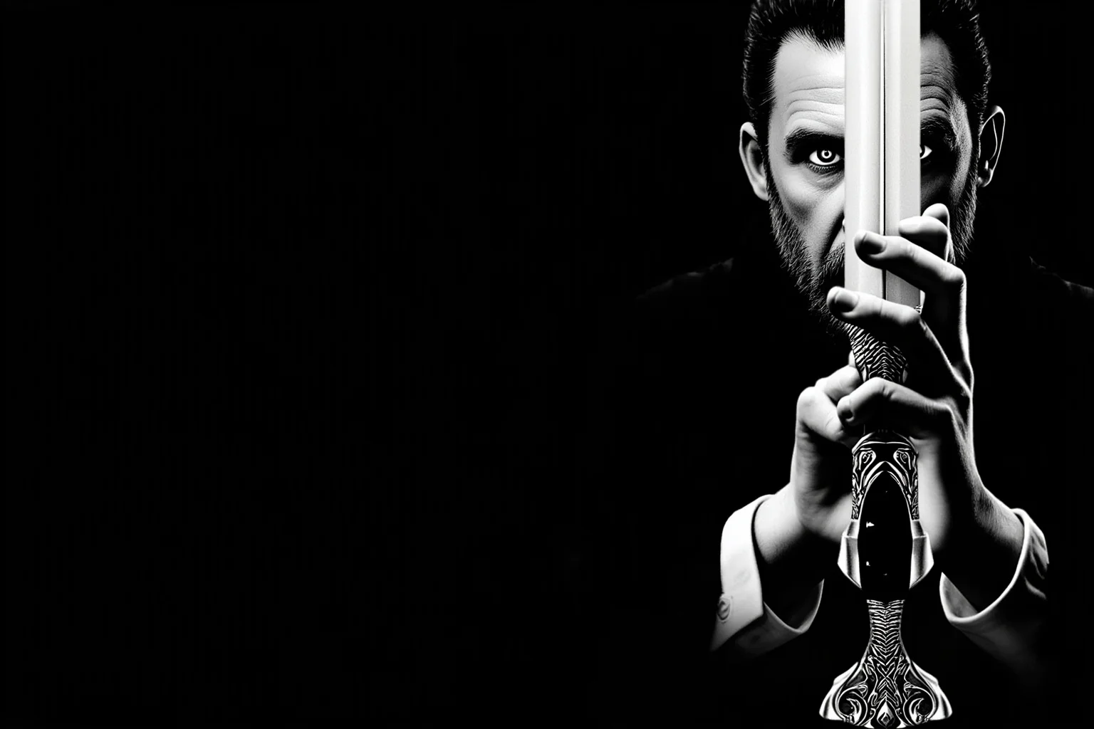 A dramatic black-and-white style movie poster homage featuring a classic vampire count and ornate silver dagger