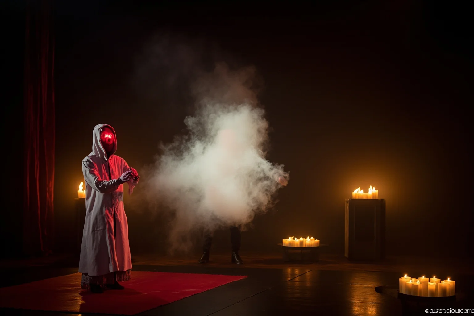 A dramatic candlelit opera stage featuring a cloaked figure and a ghostly apparition